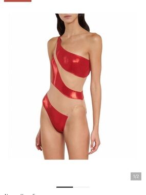 Norma Kamali Red Metallic One-Shoulder Cutout Swimsuit